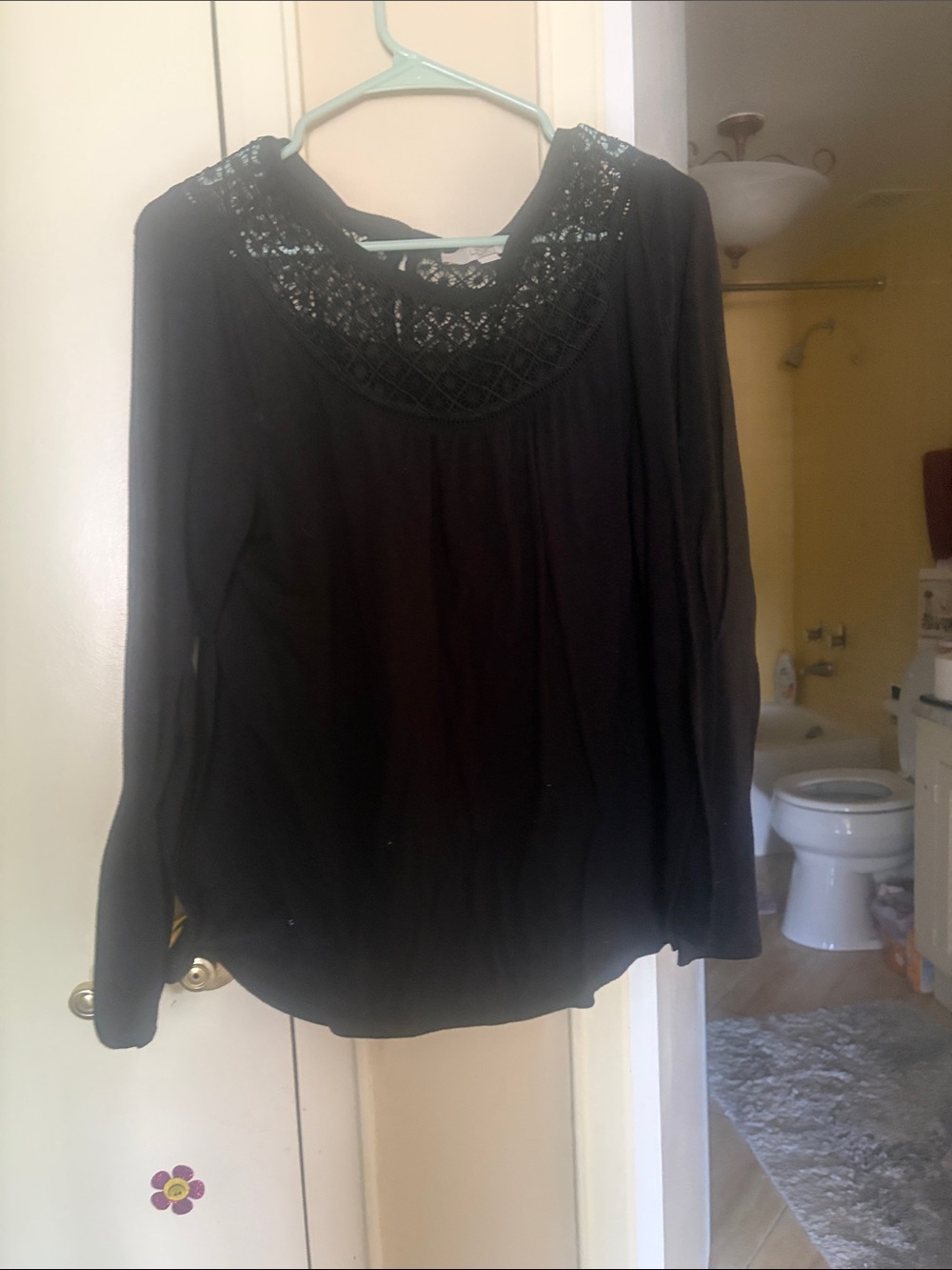 LOFT Black Long-Sleeve Crochet Yoke Blouse